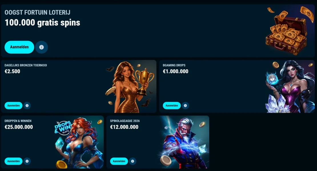 Promotiebanners met gratis spins, dagelijkse toernooien en grote prijzenpotten bij een online casino